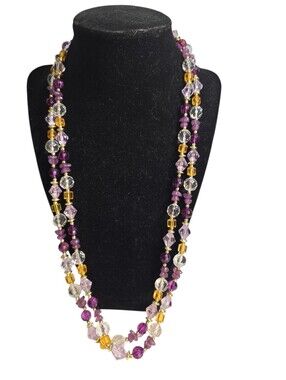Vintage Glass? Acrylic? Beaded Double Stranded Necklace Purple Clear Yellow 25"